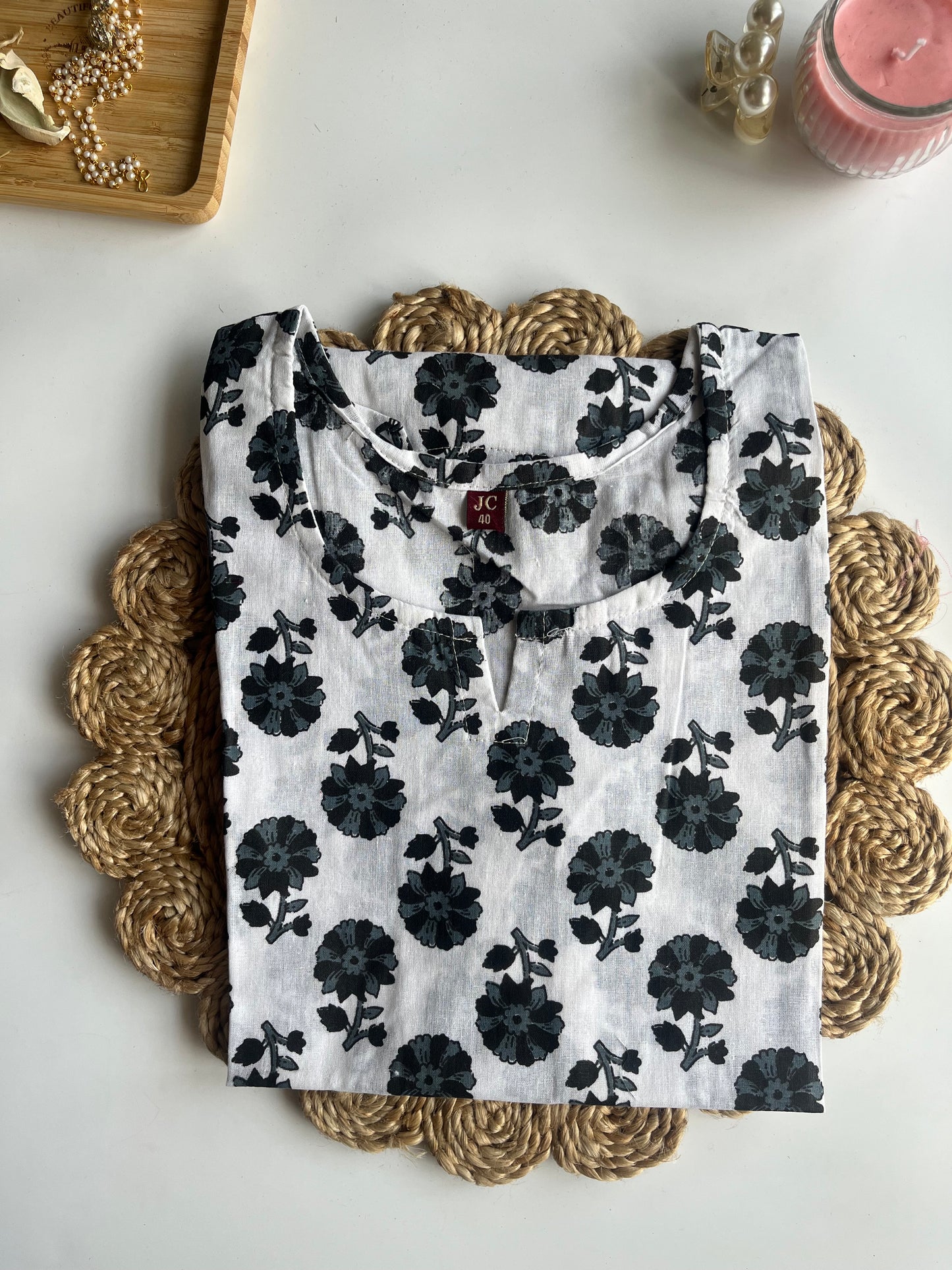 White Floral Printed Cotton Short Kurti- DSS053