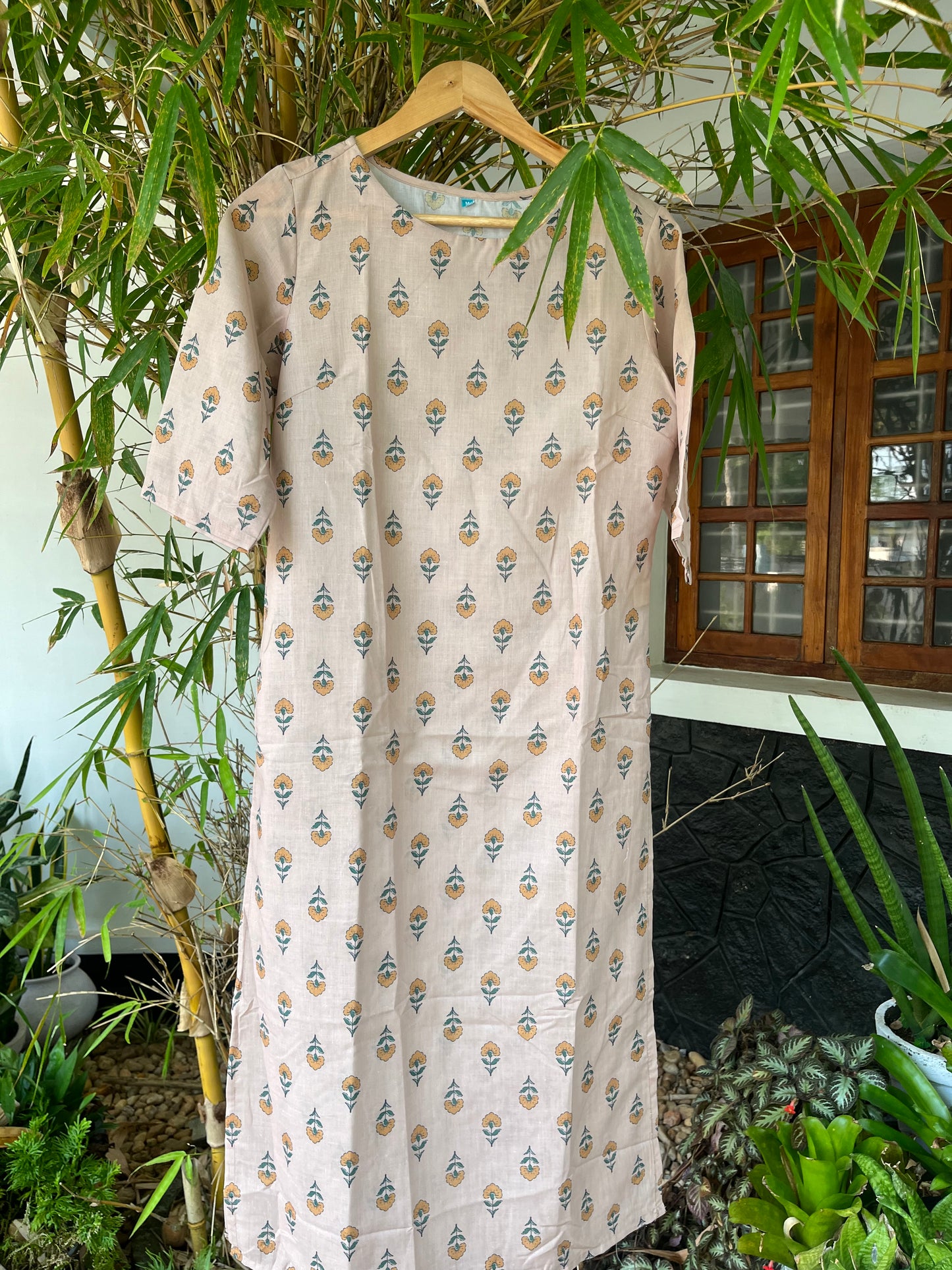 Beige Floral Cotton Kurta - DS047
