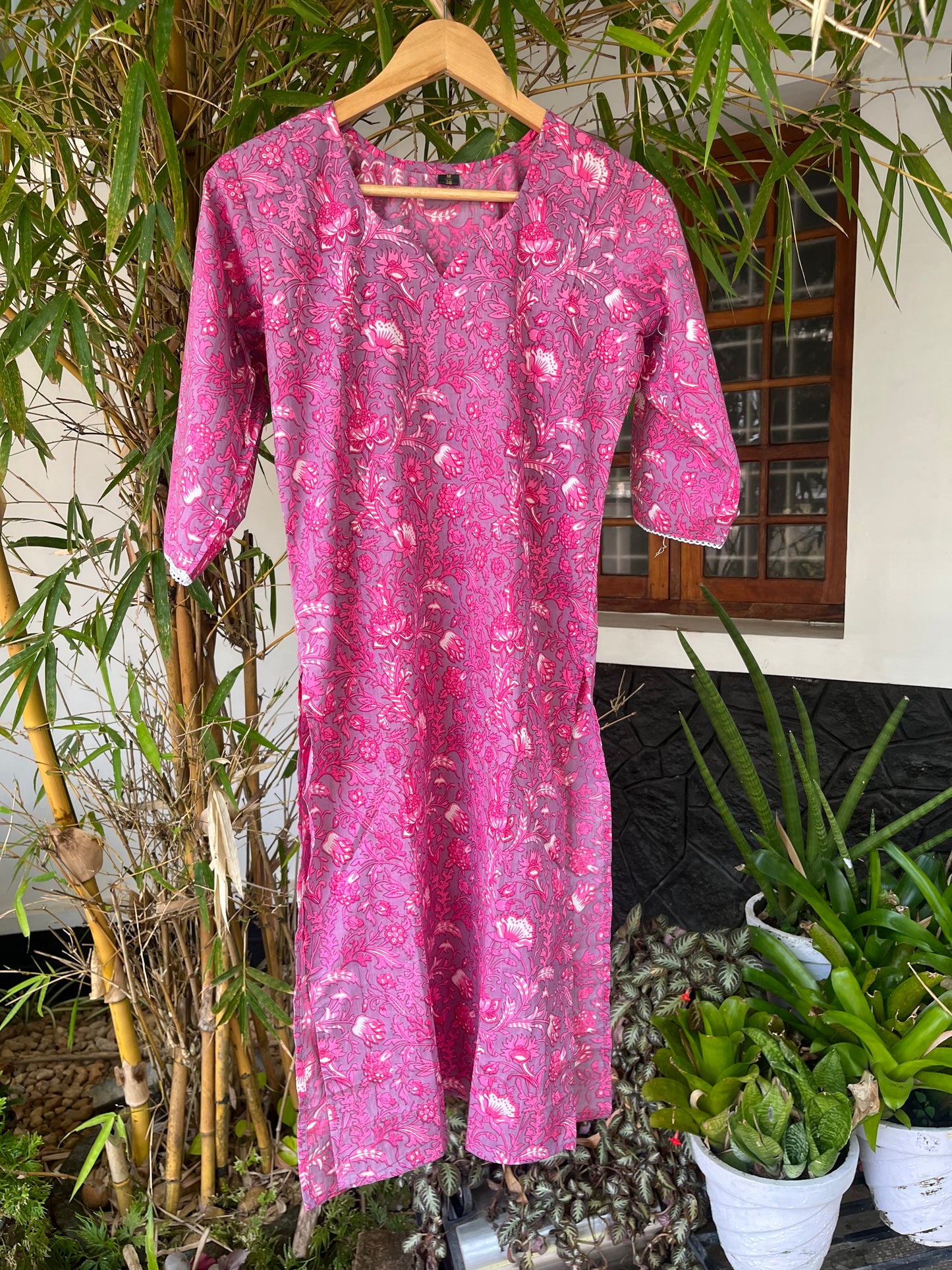 Pink Floral Cotton Kurta- DS005