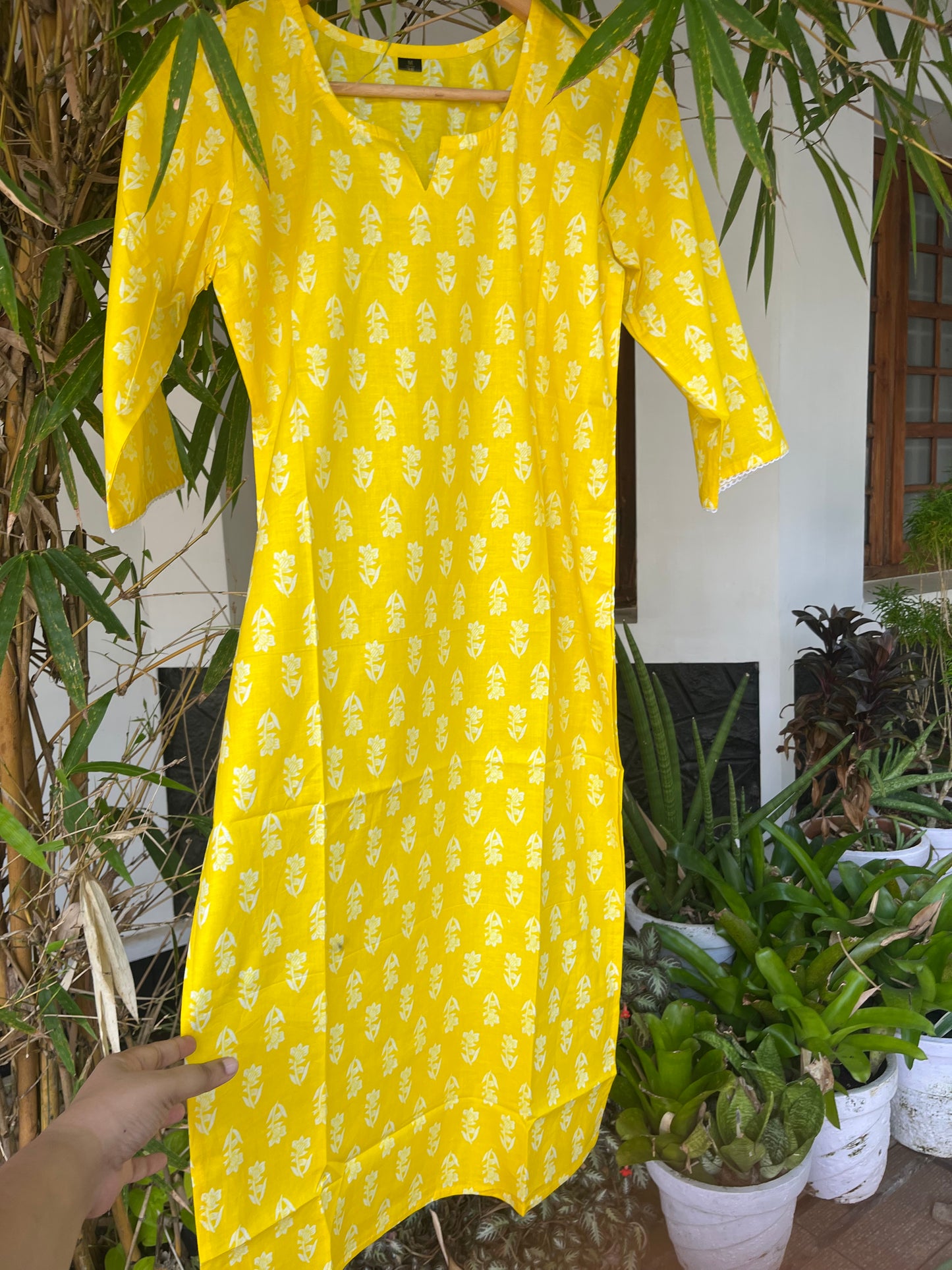 Floral Cotton Kurta - Yellow & White | DS004