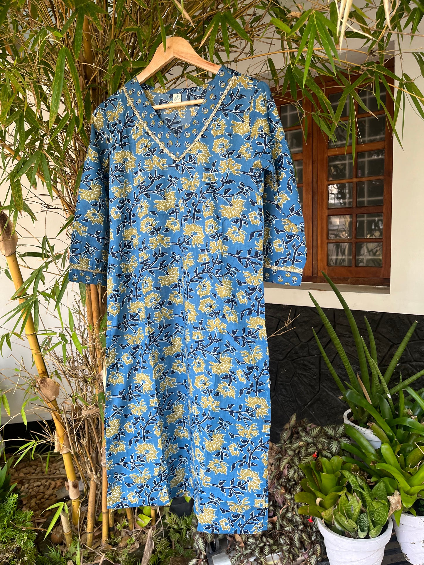 Blue V Neck Cotton Kurta (DS019)