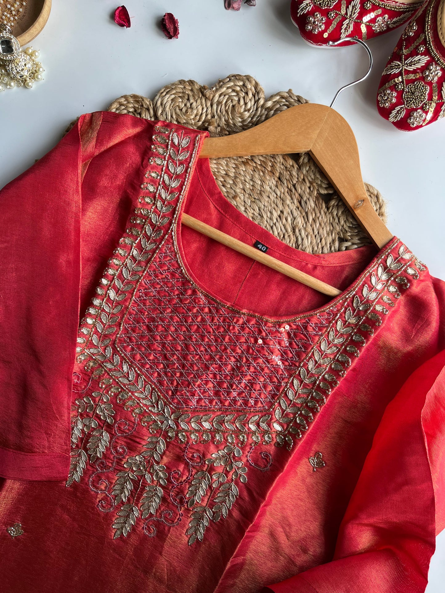 Sundarii - Orange Tissue Silk Kurti Set