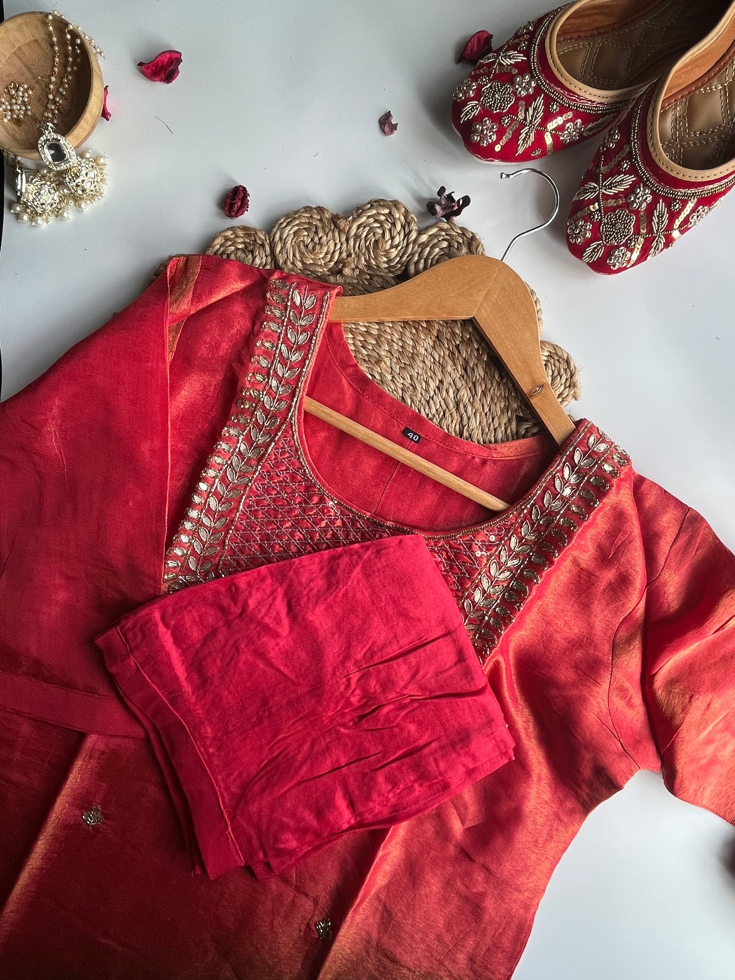 Sundarii - Orange Tissue Silk Kurti Set