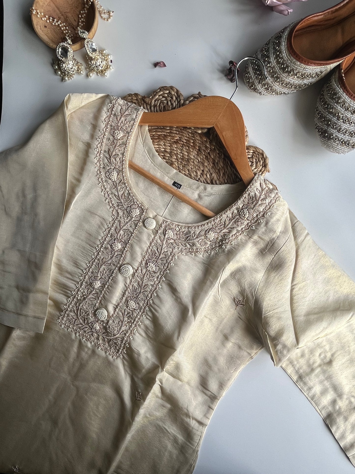 Anuradha - Beige Tissue Silk Kurti Set