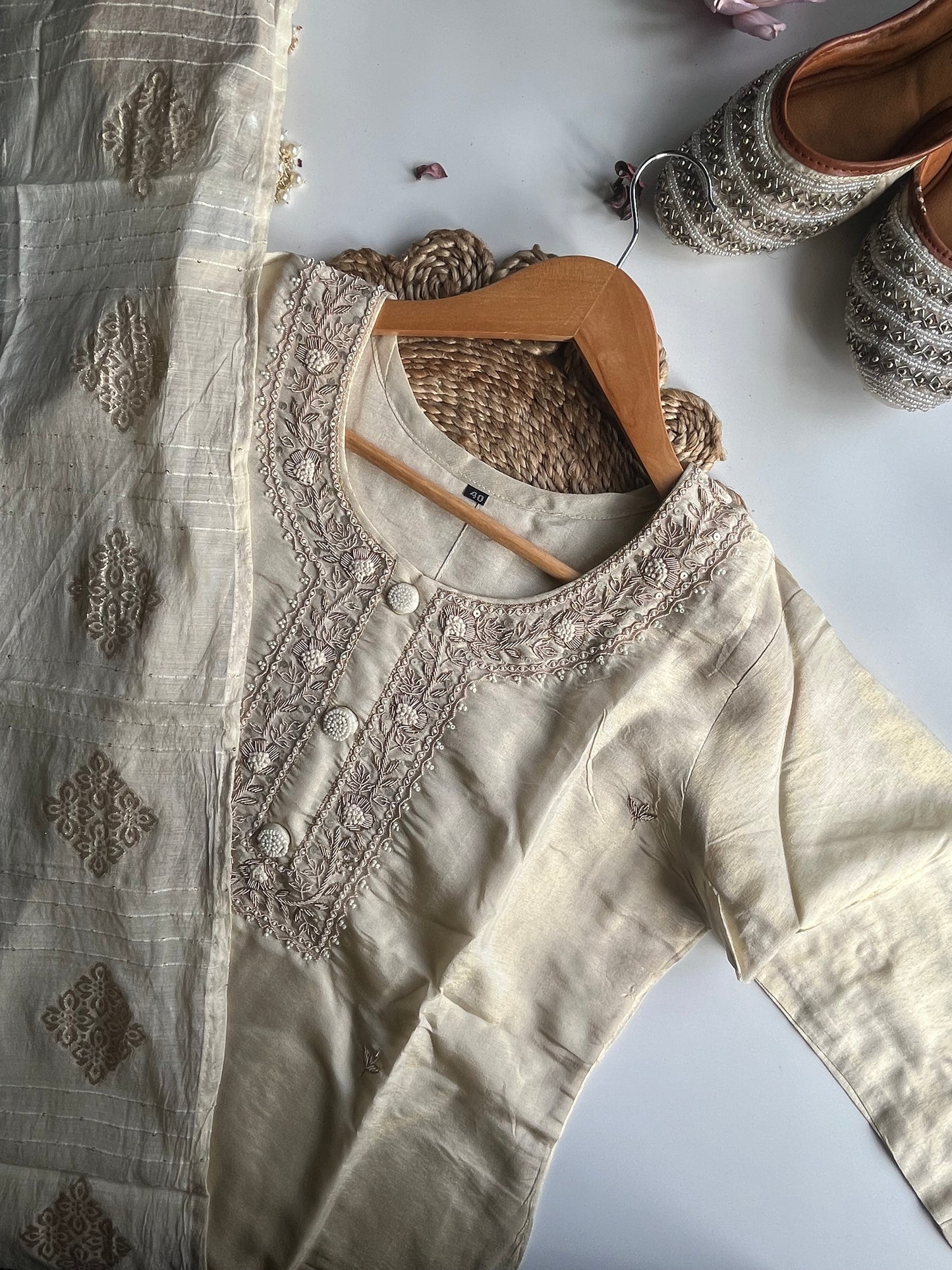 Anuradha - Beige Tissue Silk Kurti Set