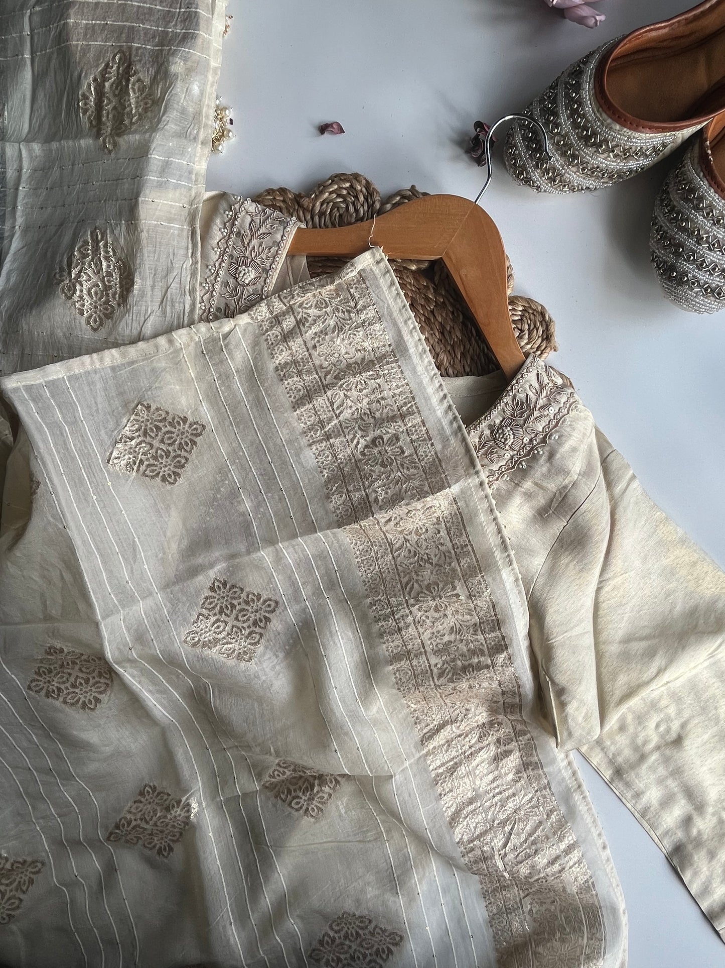 Anuradha - Beige Tissue Silk Kurti Set