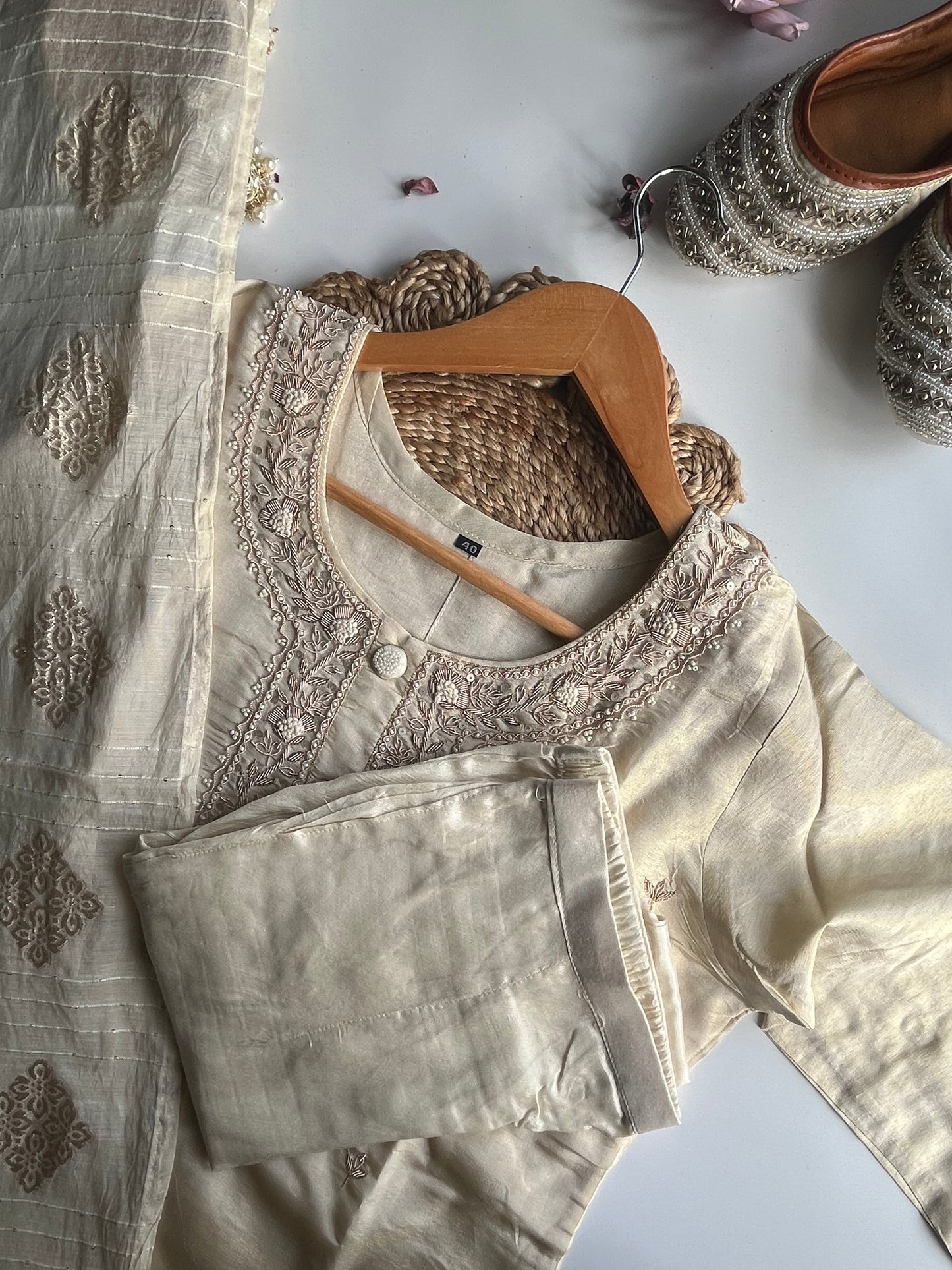 Anuradha - Beige Tissue Silk Kurti Set