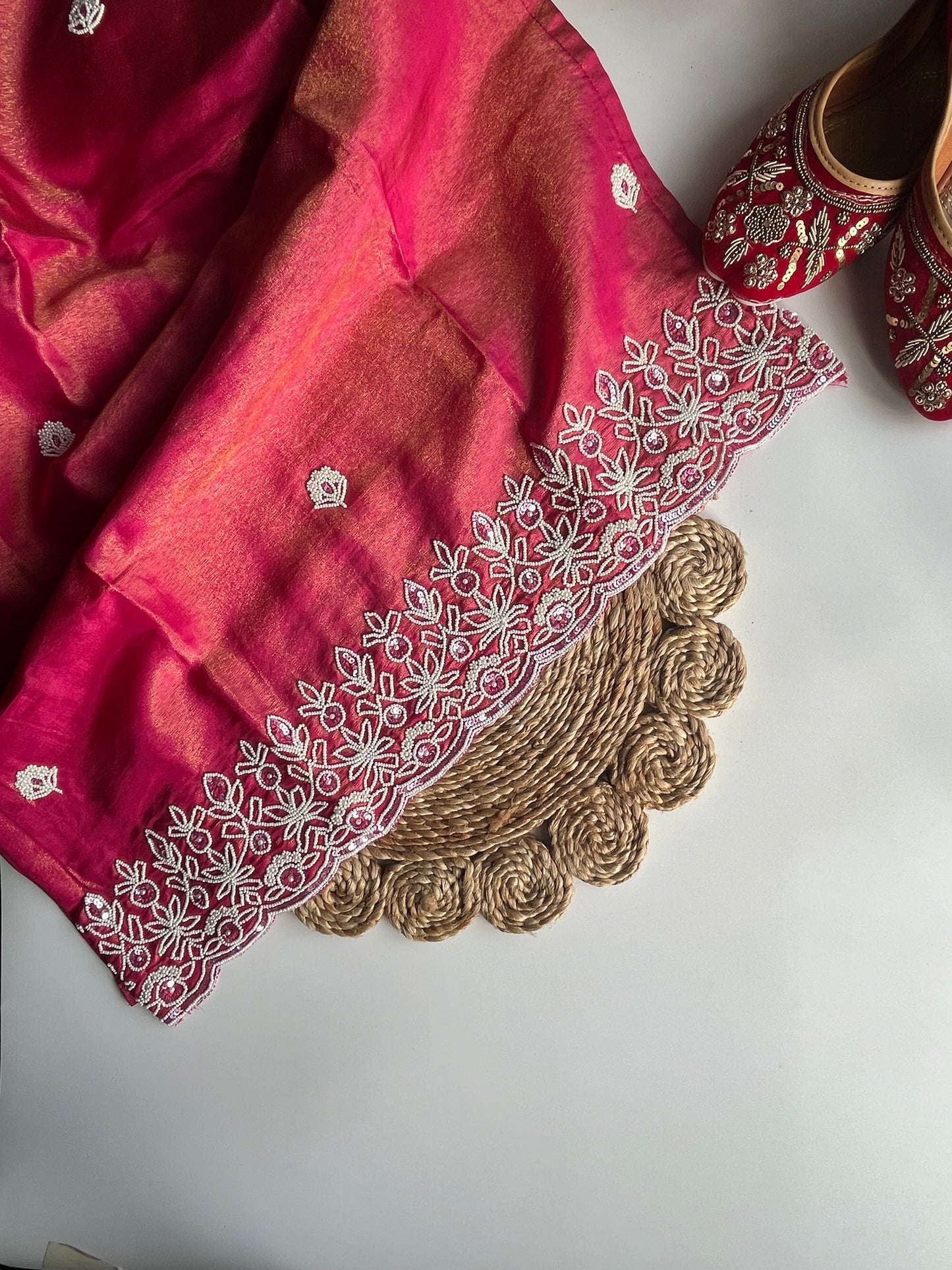 Charusheela - Rani Pink Tissue Silk Kurti Set