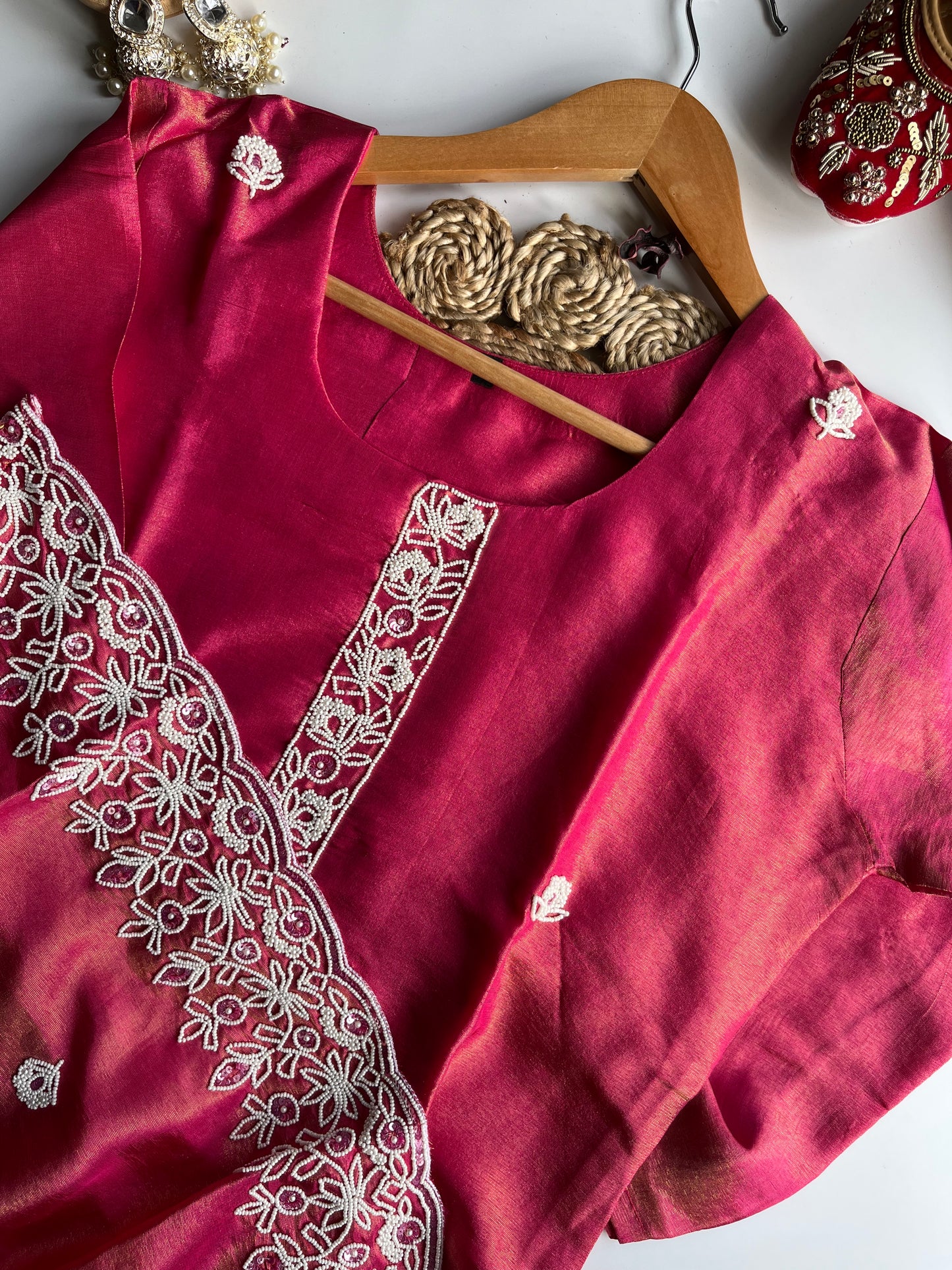Charusheela - Rani Pink Tissue Silk Kurti Set