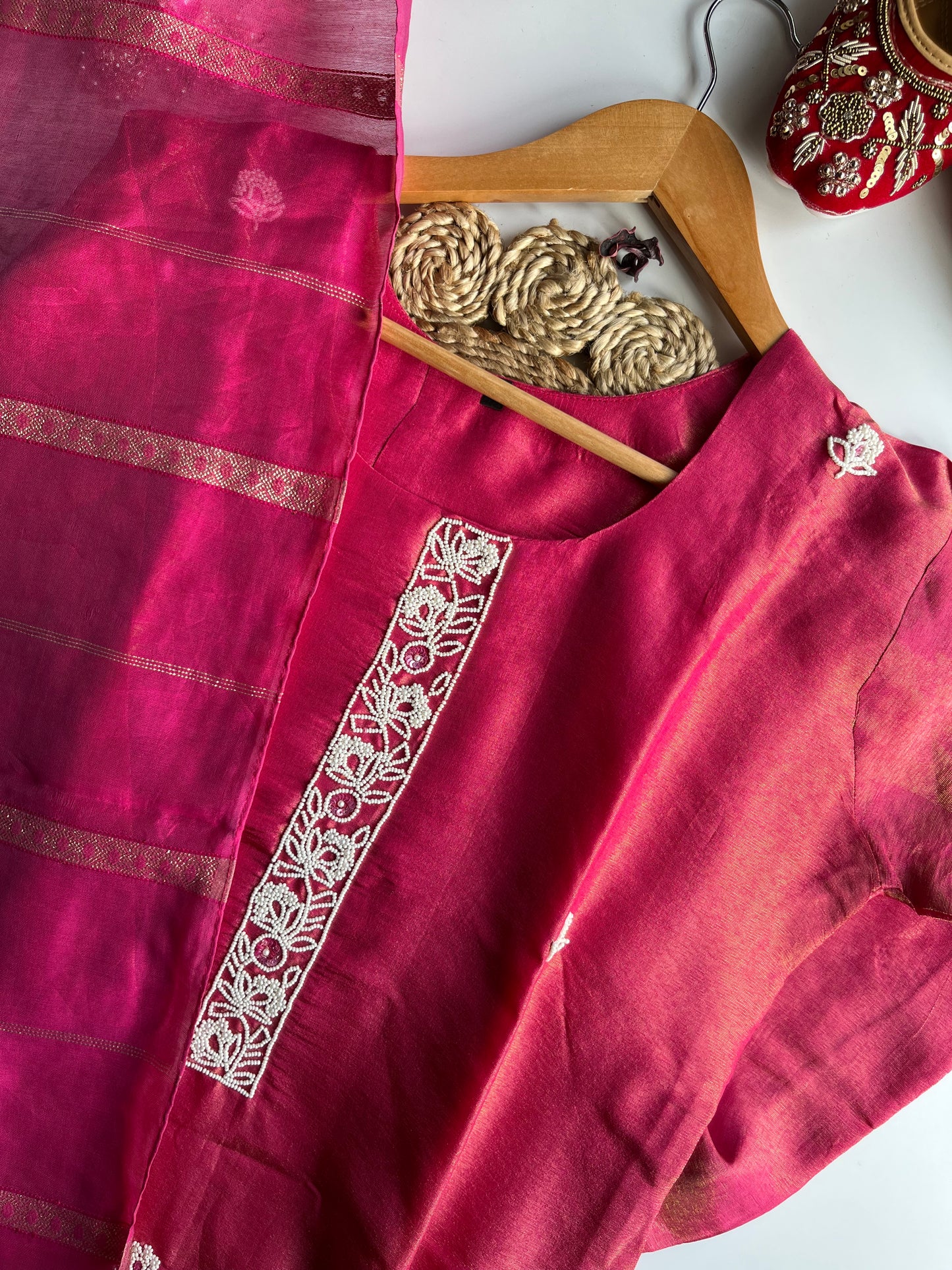 Charusheela - Rani Pink Tissue Silk Kurti Set