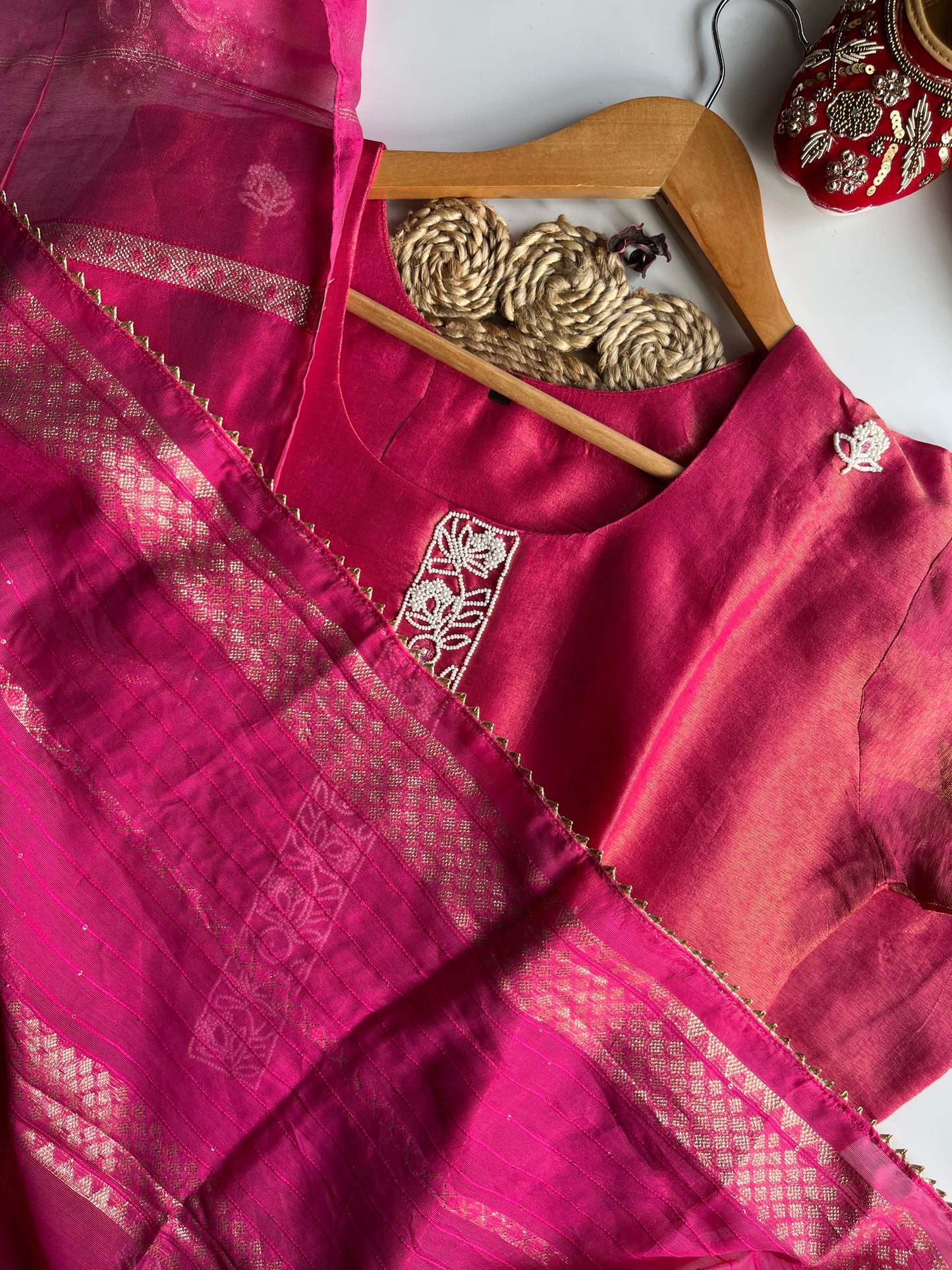 Charusheela - Rani Pink Tissue Silk Kurti Set