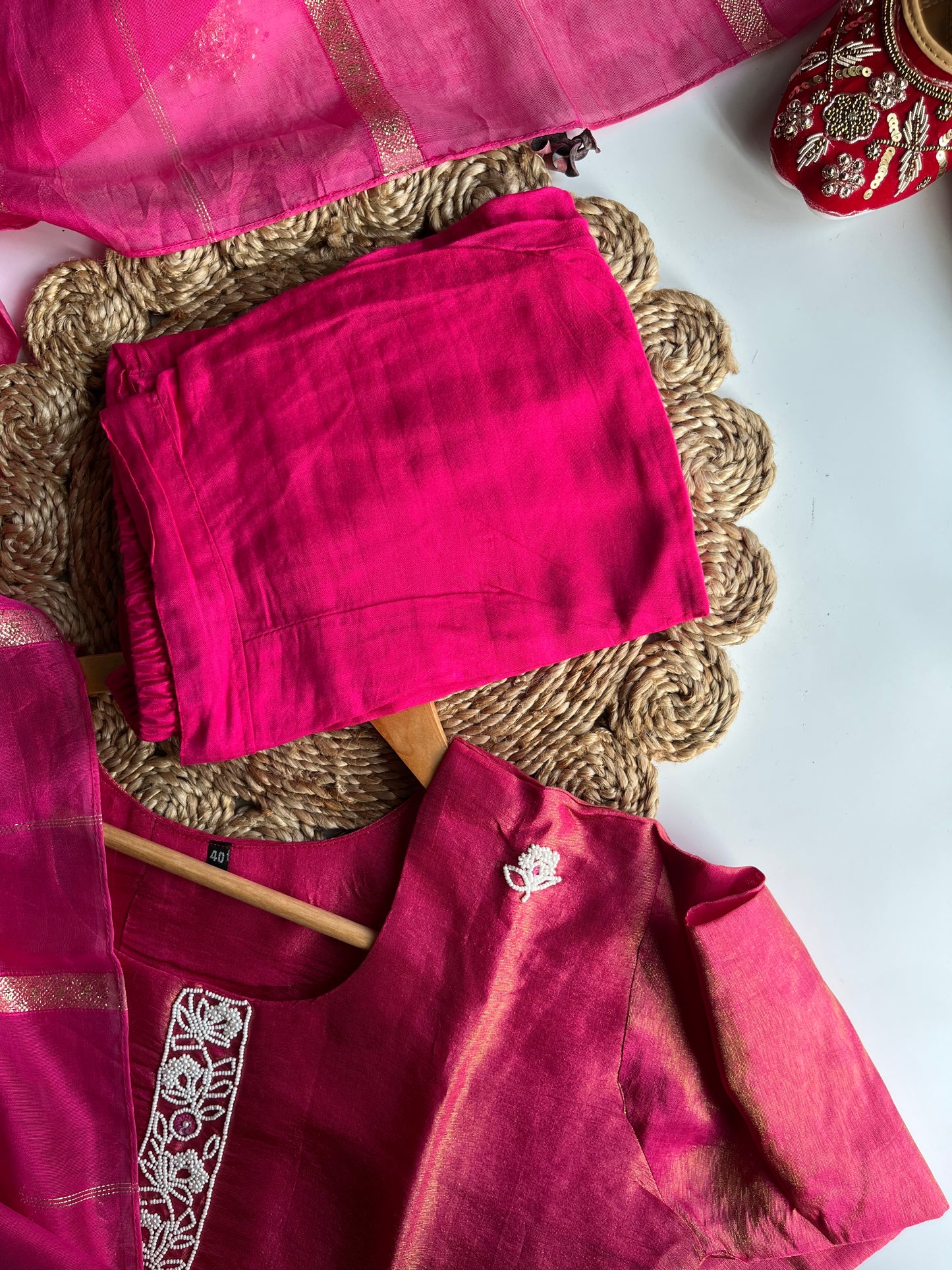 Charusheela - Rani Pink Tissue Silk Kurti Set