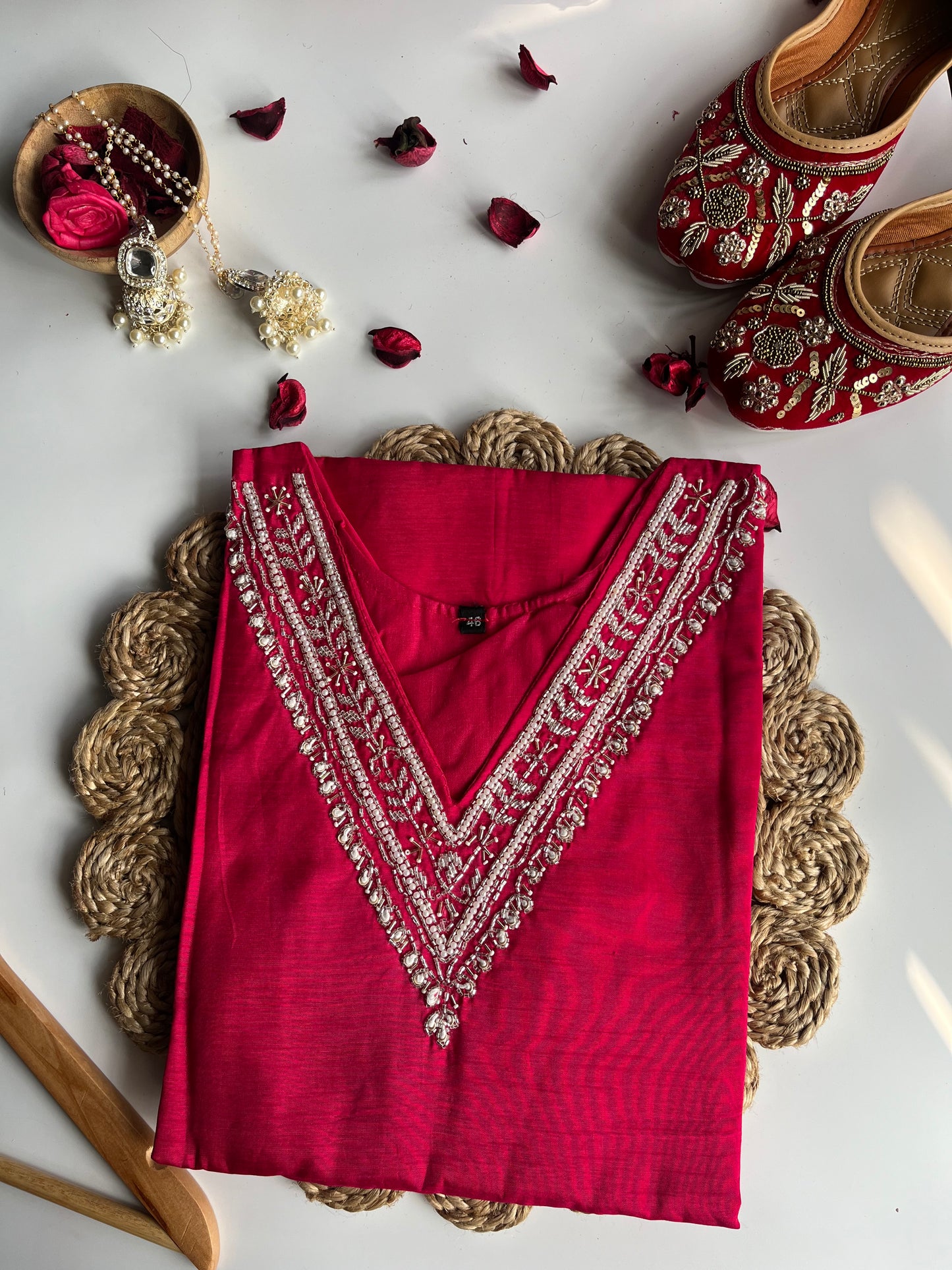 RANI PINK V-NECK DOLA SILK HANDWORK KURTI