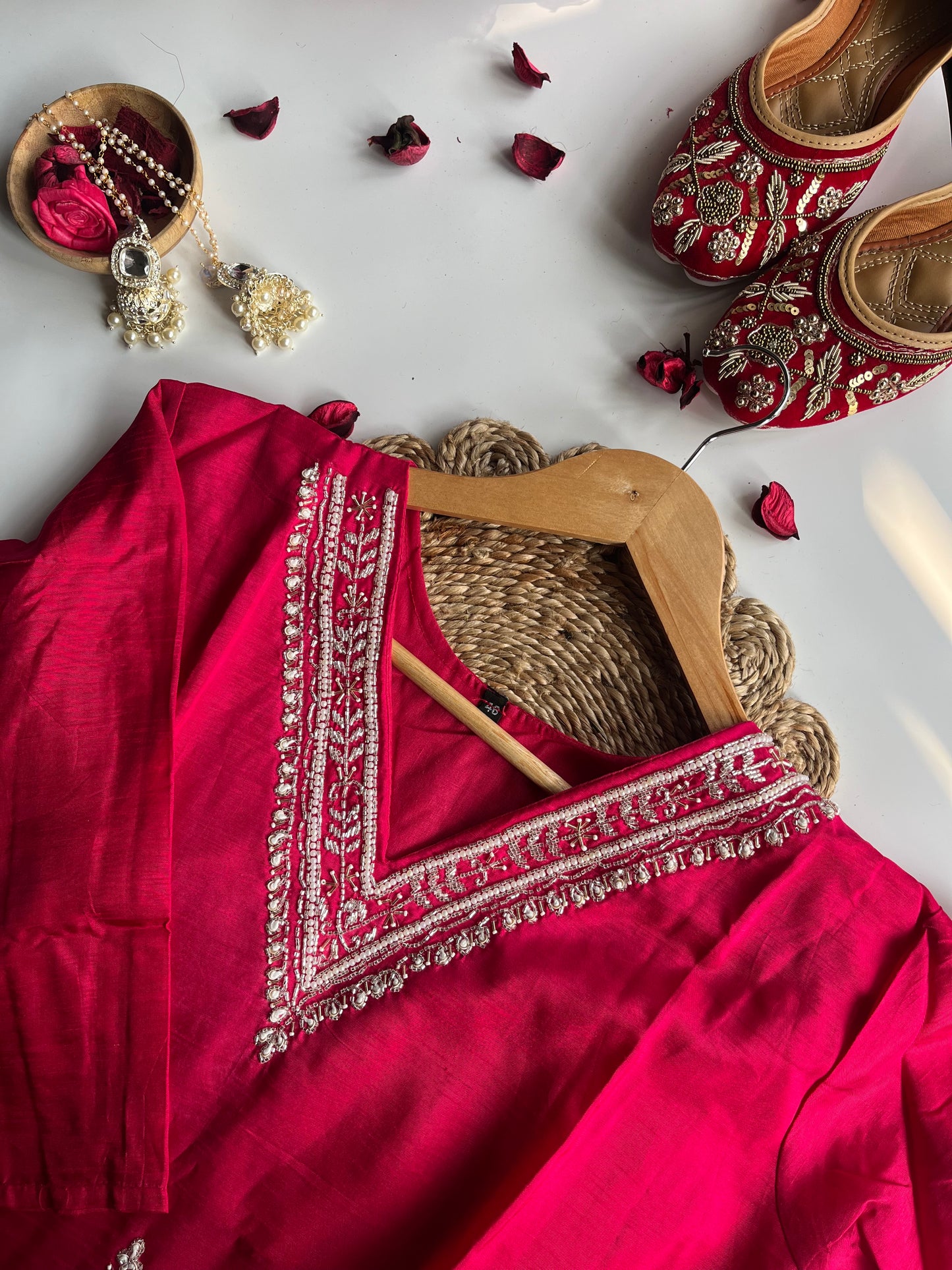 RANI PINK V-NECK DOLA SILK HANDWORK KURTI
