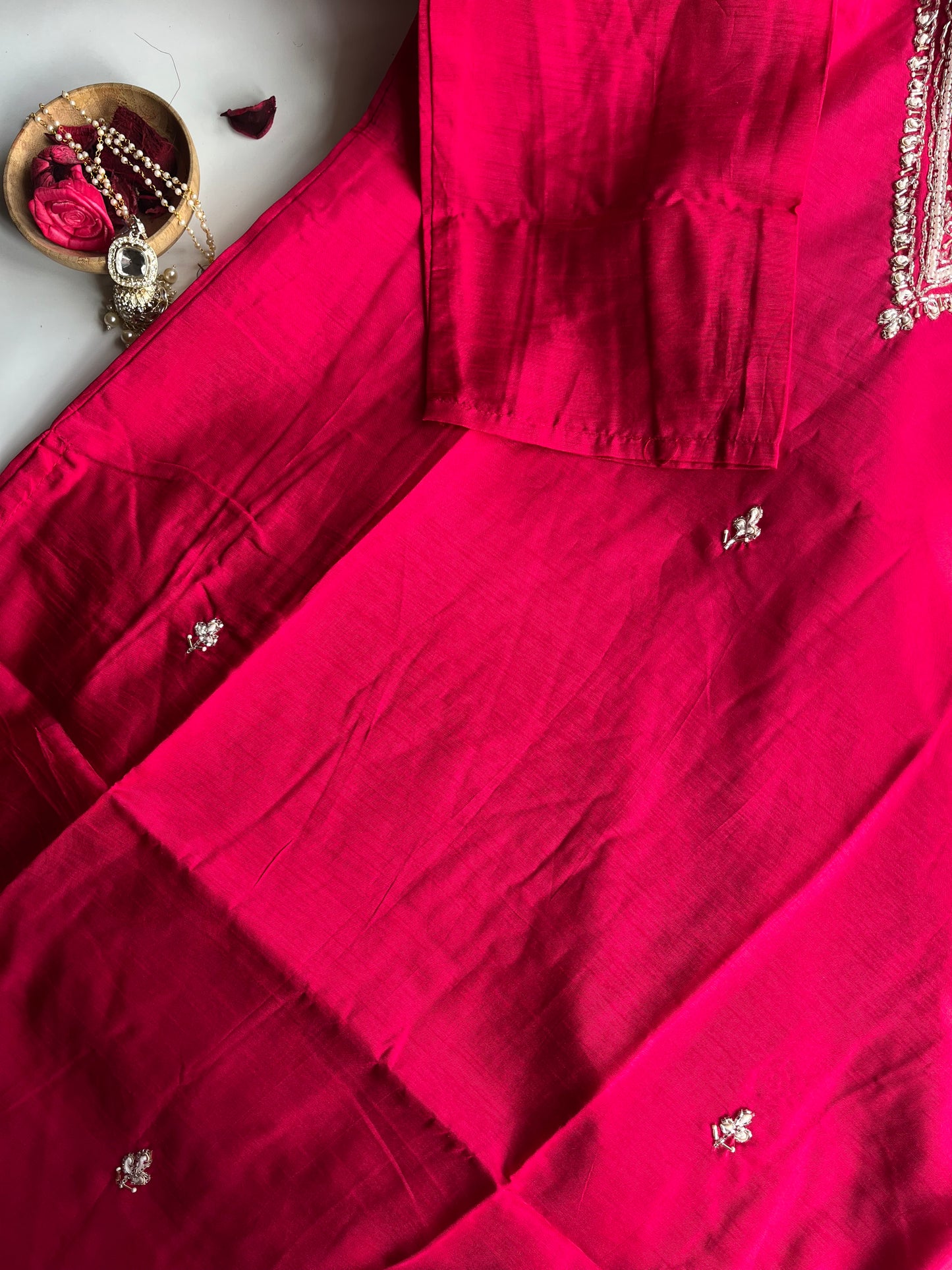 RANI PINK V-NECK DOLA SILK HANDWORK KURTI