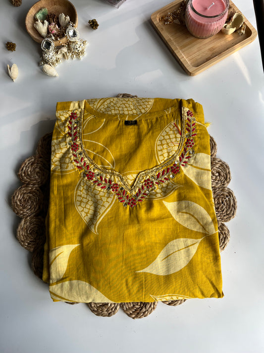 MRINALINI - Yellow Handwork Cotton Kurti Set