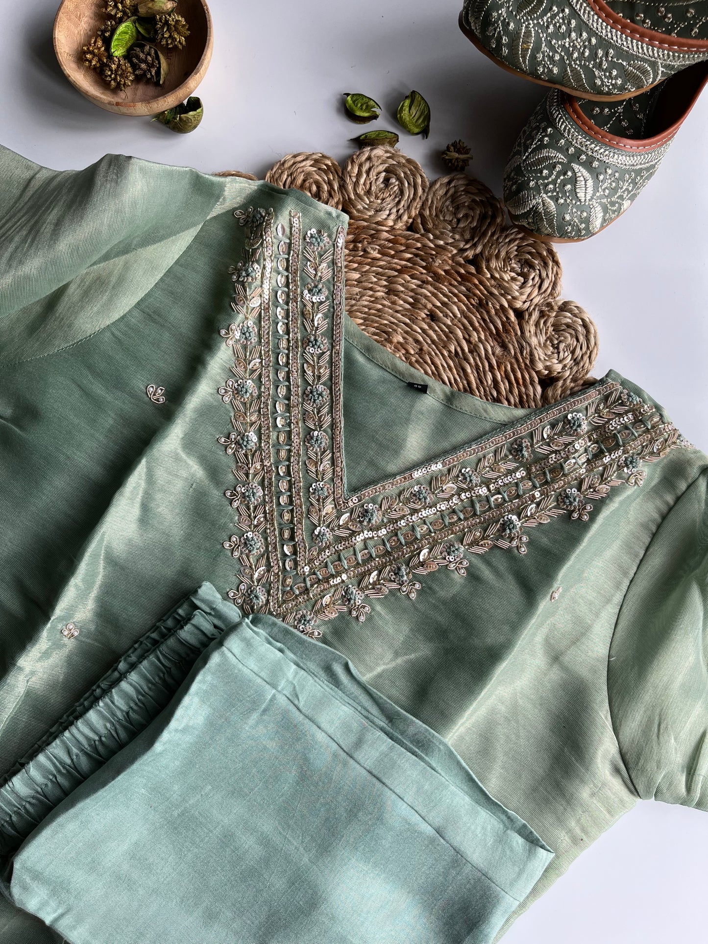 Taruni - Pista Green Tissue Silk Kurti Set