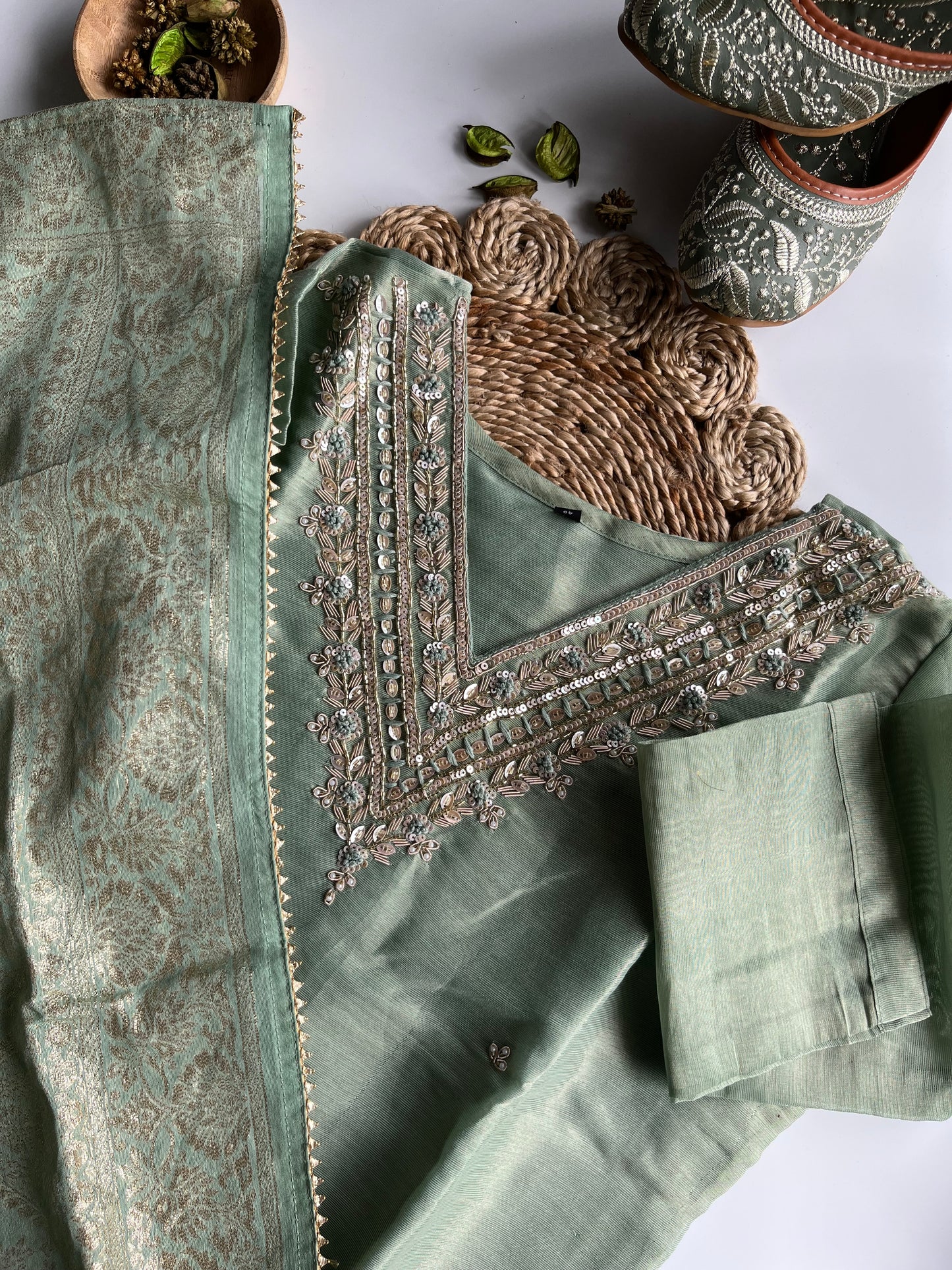 Taruni - Pista Green Tissue Silk Kurti Set