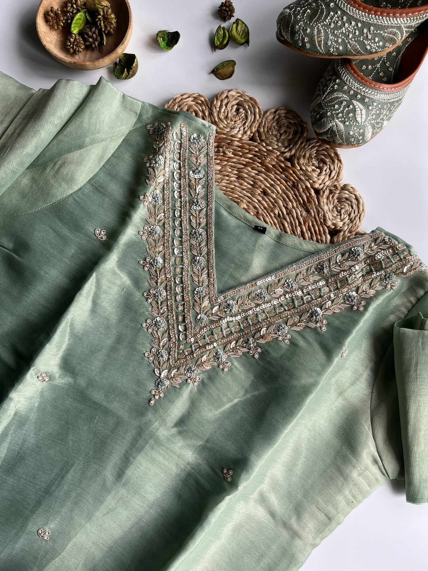 Taruni - Pista Green Tissue Silk Kurti Set
