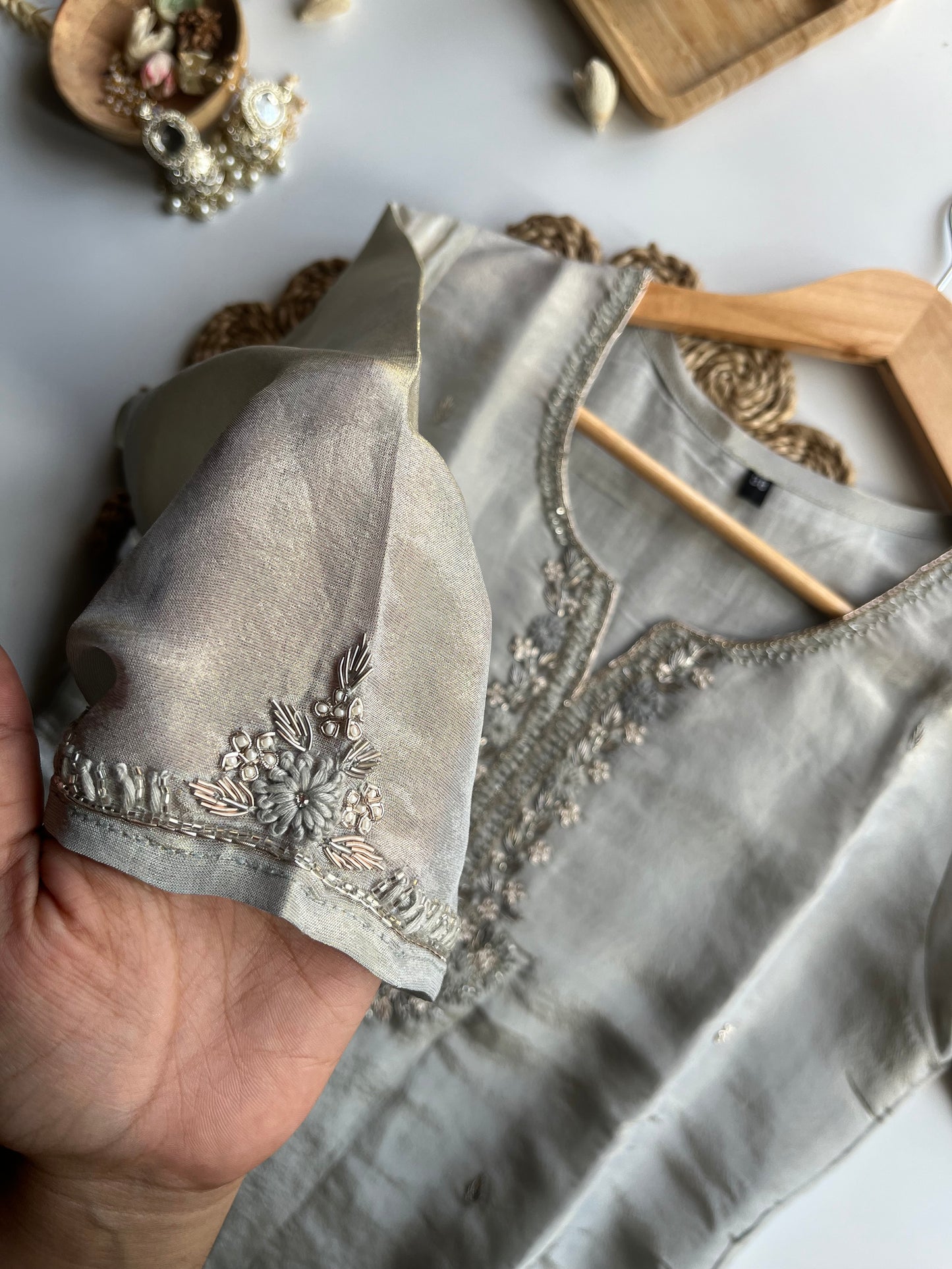 Apsara - Silver Tissue Silk Kurta Set