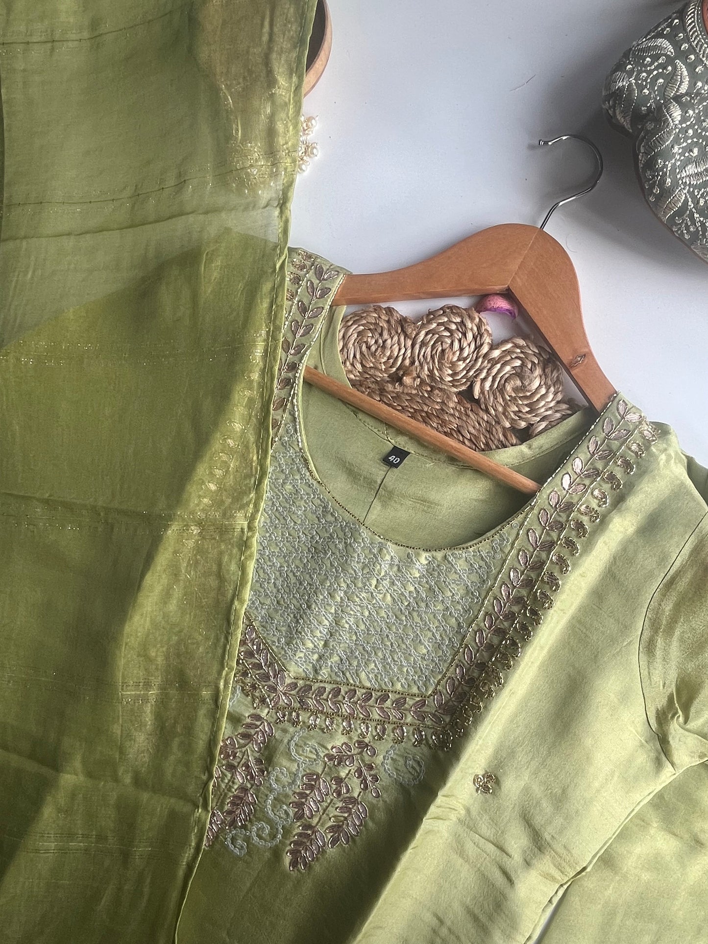 AAROHINI - PISTA GREEN TISSUE SILK KURTI SET
