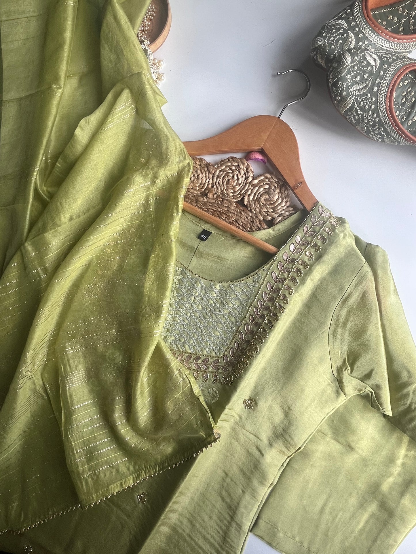 AAROHINI - PISTA GREEN TISSUE SILK KURTI SET