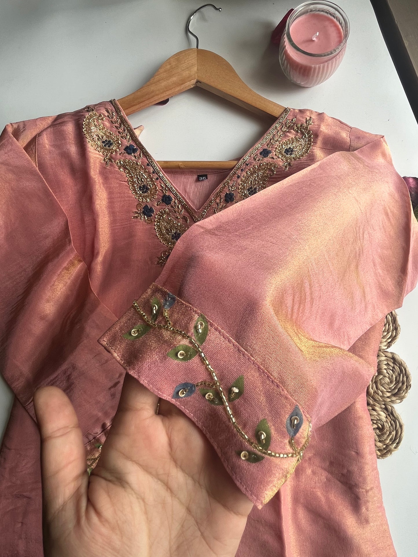 KAMALIKA – DUSKY PINK TISSUE SILK KURTI SET
