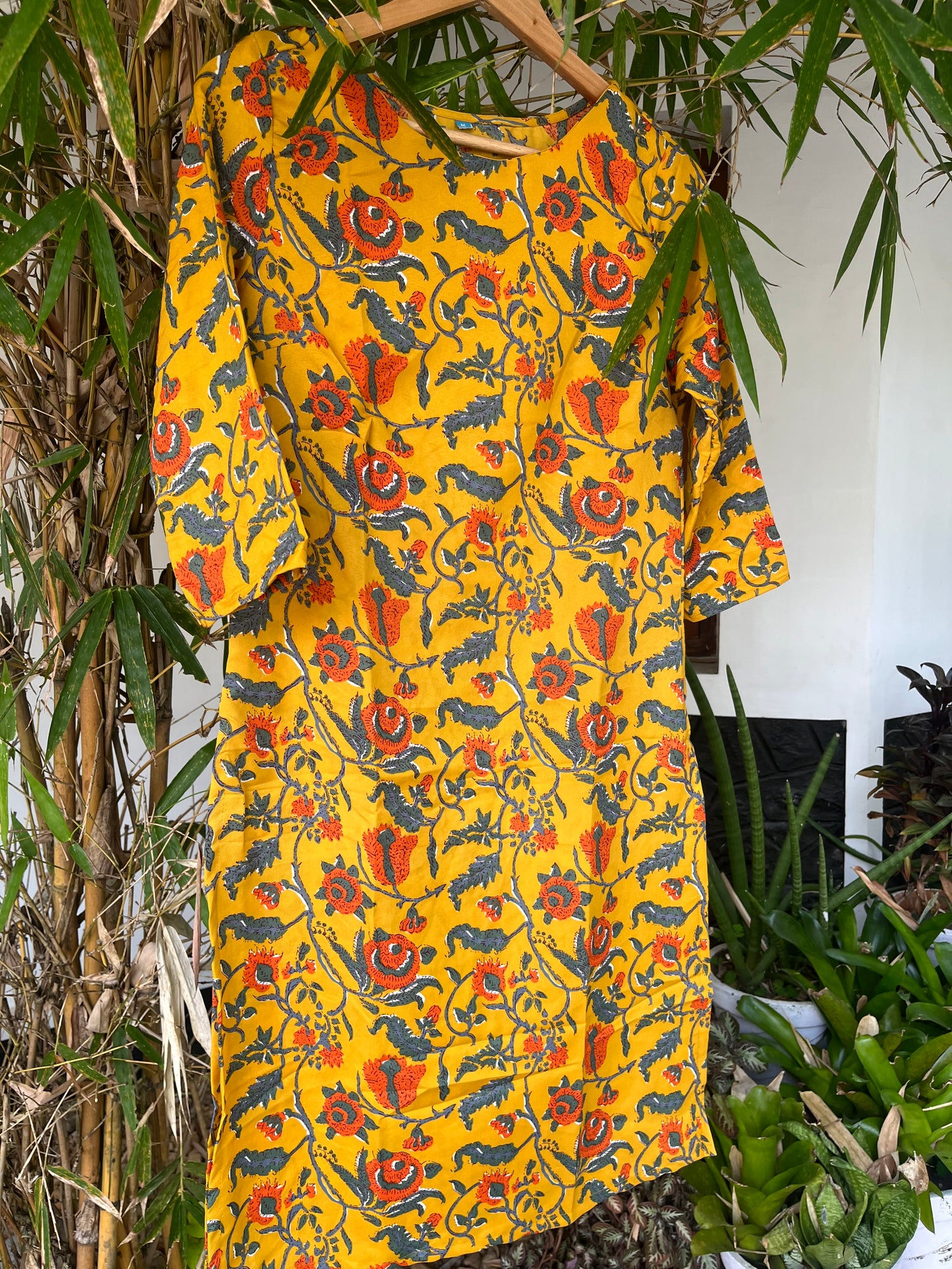 Mustard Yellow Floral Printed Rayon Kurta DS044