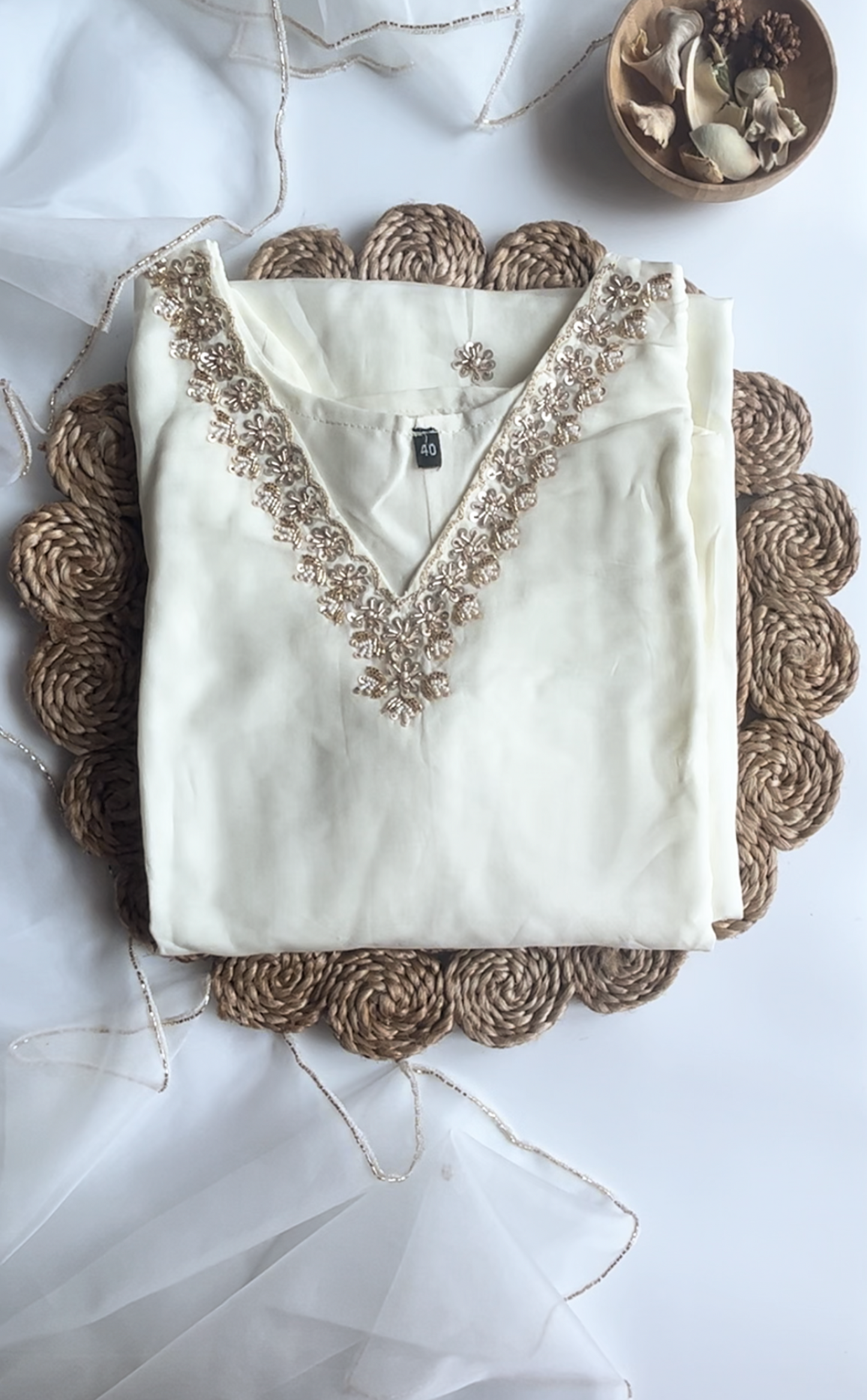 Shwetambara – Party Wear Ivory White Organza Silk Kurti Set