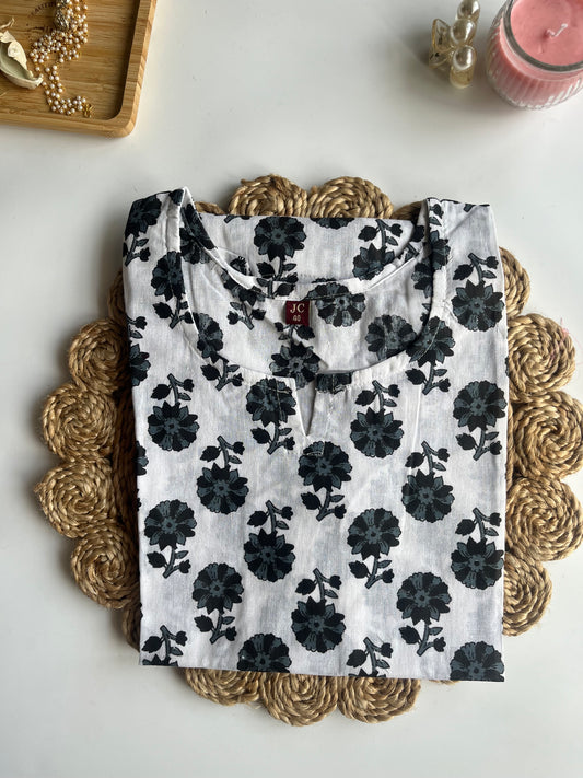 White Floral Printed Cotton Short Kurti- DSS053