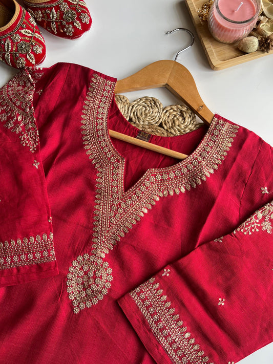 Sindoori - Royal Red Roman Silk Kurti Set