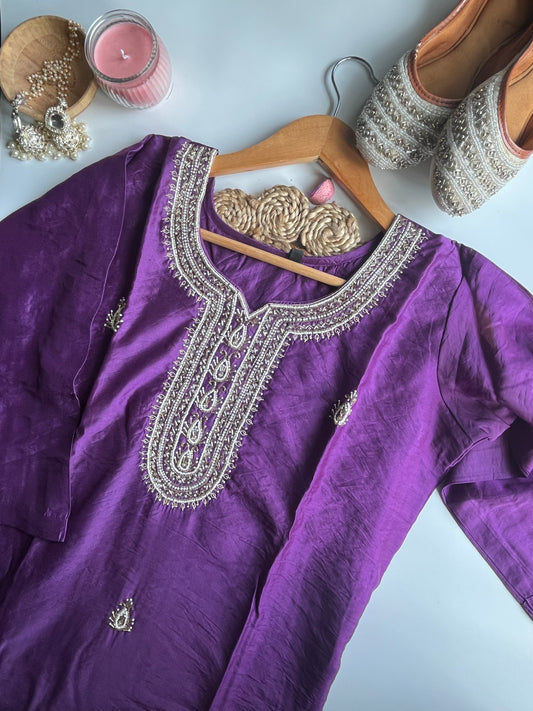 Aarohi - Deep Purple Dola Silk Kurti Set