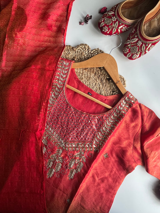 Sundarii - Orange Tissue Silk Kurti Set