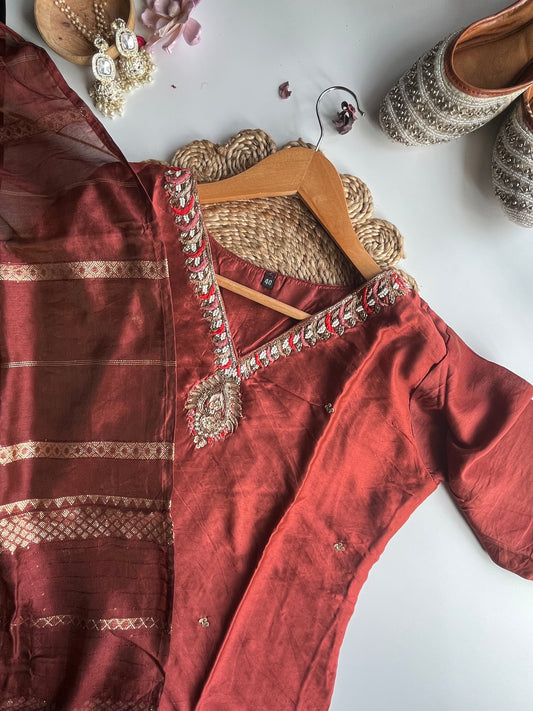 Rukmini - Brown Dola Silk Kurti Set