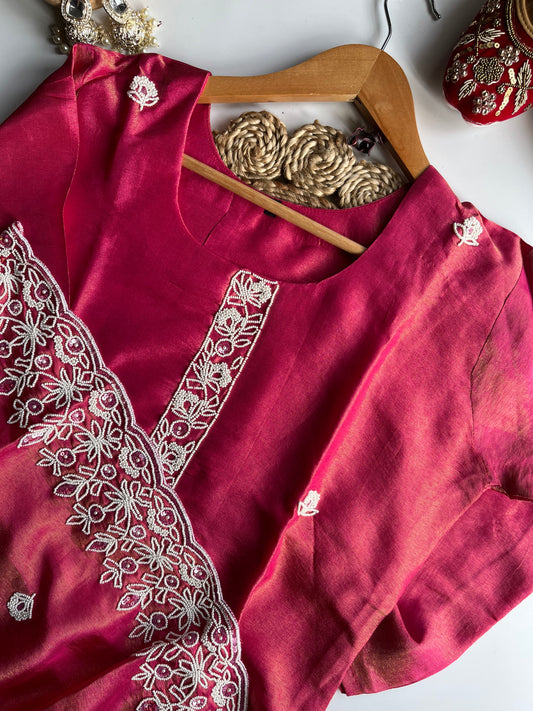Charusheela - Rani Pink Tissue Silk Kurti Set