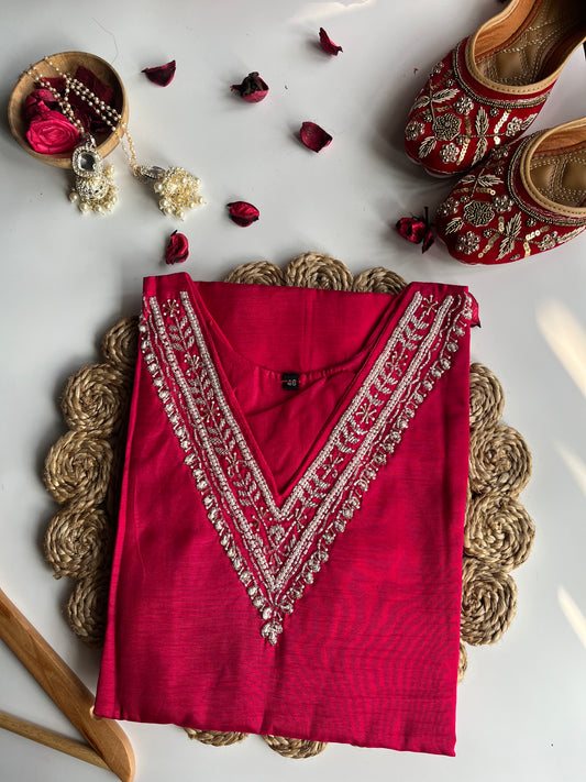 RANI PINK V-NECK DOLA SILK HANDWORK KURTI