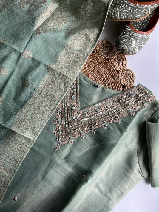 Taruni - Pista Green Tissue Silk Kurti Set