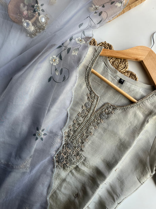 Apsara - Silver Tissue Silk Kurta Set