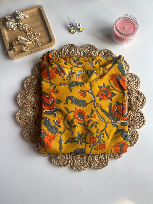Mustard Yellow Floral Printed Rayon Kurta DS044