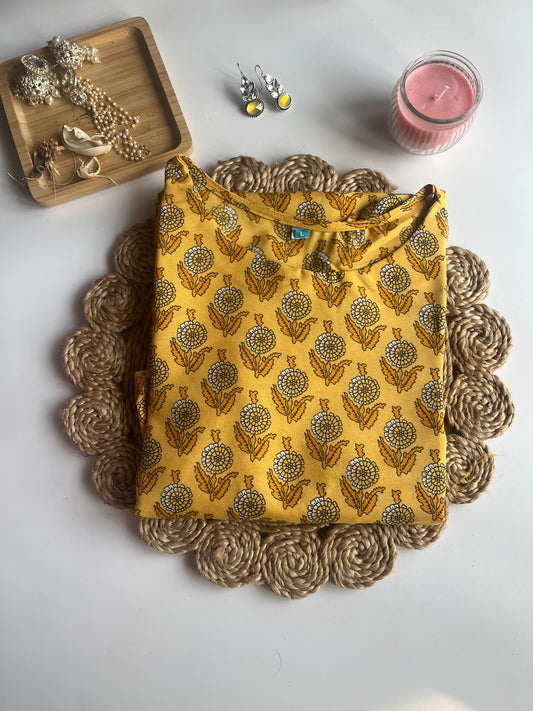 Yellow Floral Rayon Kurta - DS042