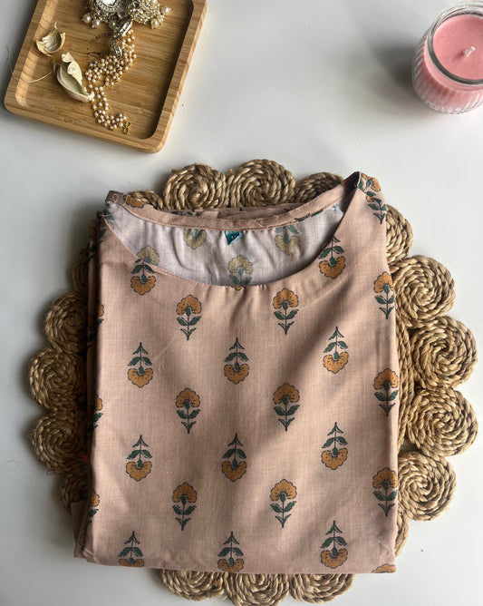 Beige Floral Cotton Kurta - DS047