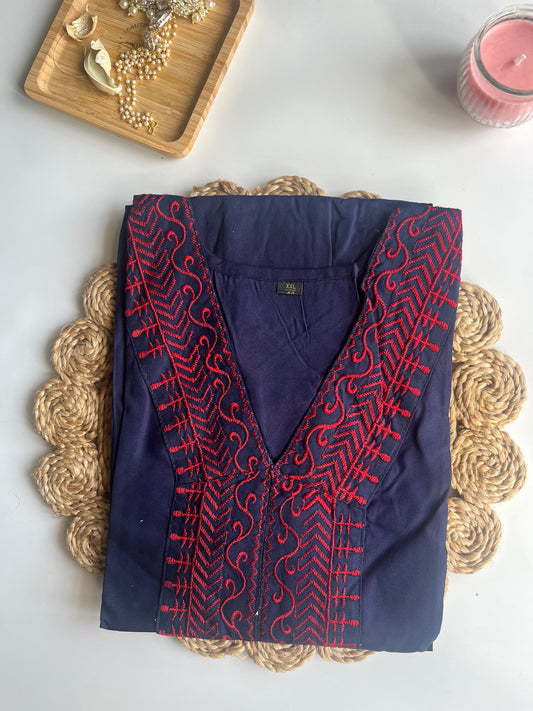 Regal Navy Blue &amp; Red V-Neck Kurta – DS006