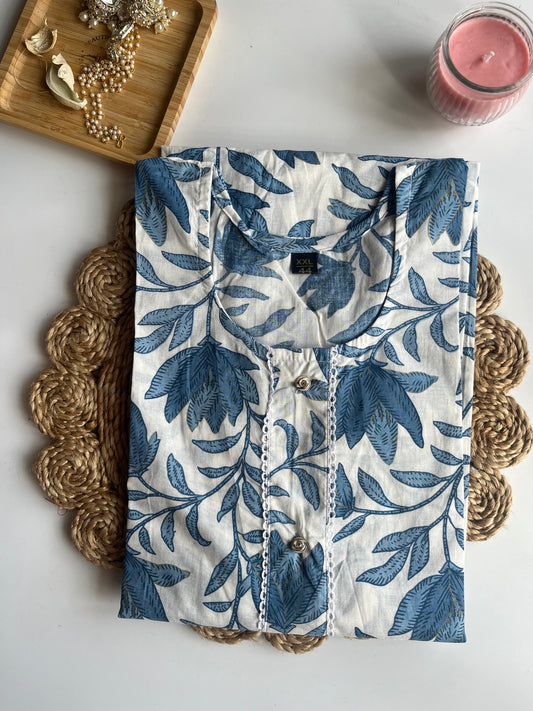 Blue and White Lotus Cotton Kurta , Product Code: DS003