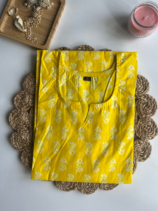Floral Cotton Kurta - Yellow & White | DS004