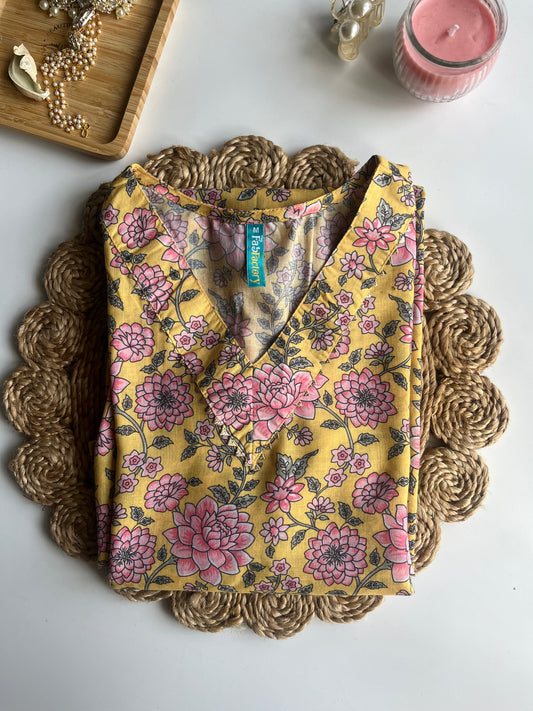 Yellow Floral Cotton Kurta - DS048