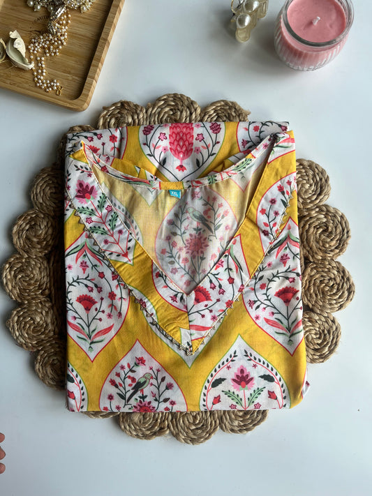 Floral Yellow Cotton Kurta - DS049