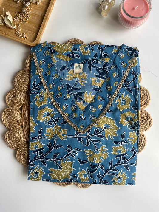 Blue V Neck Cotton Kurta (DS019)