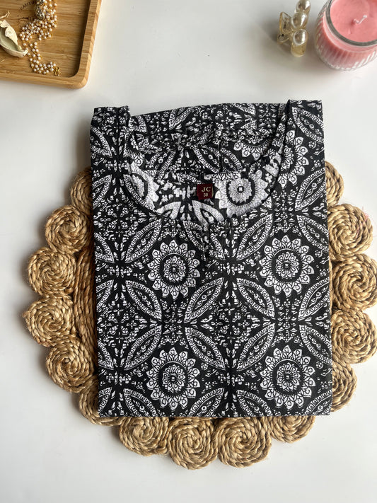 Black Floral Printed Cotton Short Kurti- DSS055