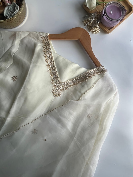 Shwetambara – Party Wear Ivory White Organza Silk Kurti Set